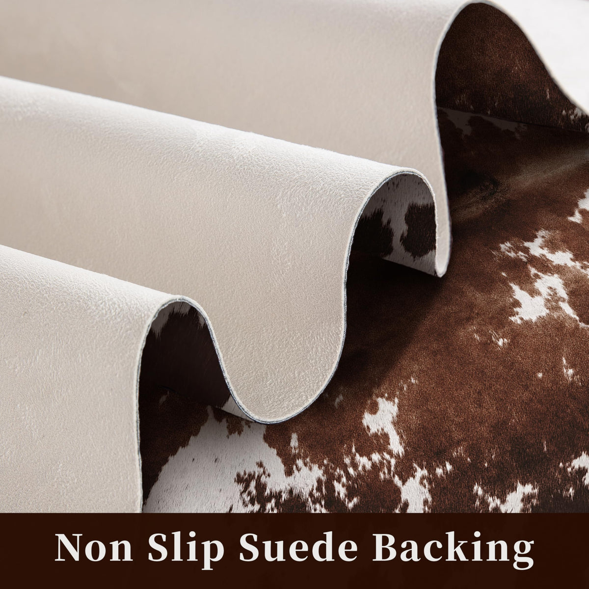 Warm Haven faux cowhide rug microfiber texture provides soft underfoot comfort for daily use.