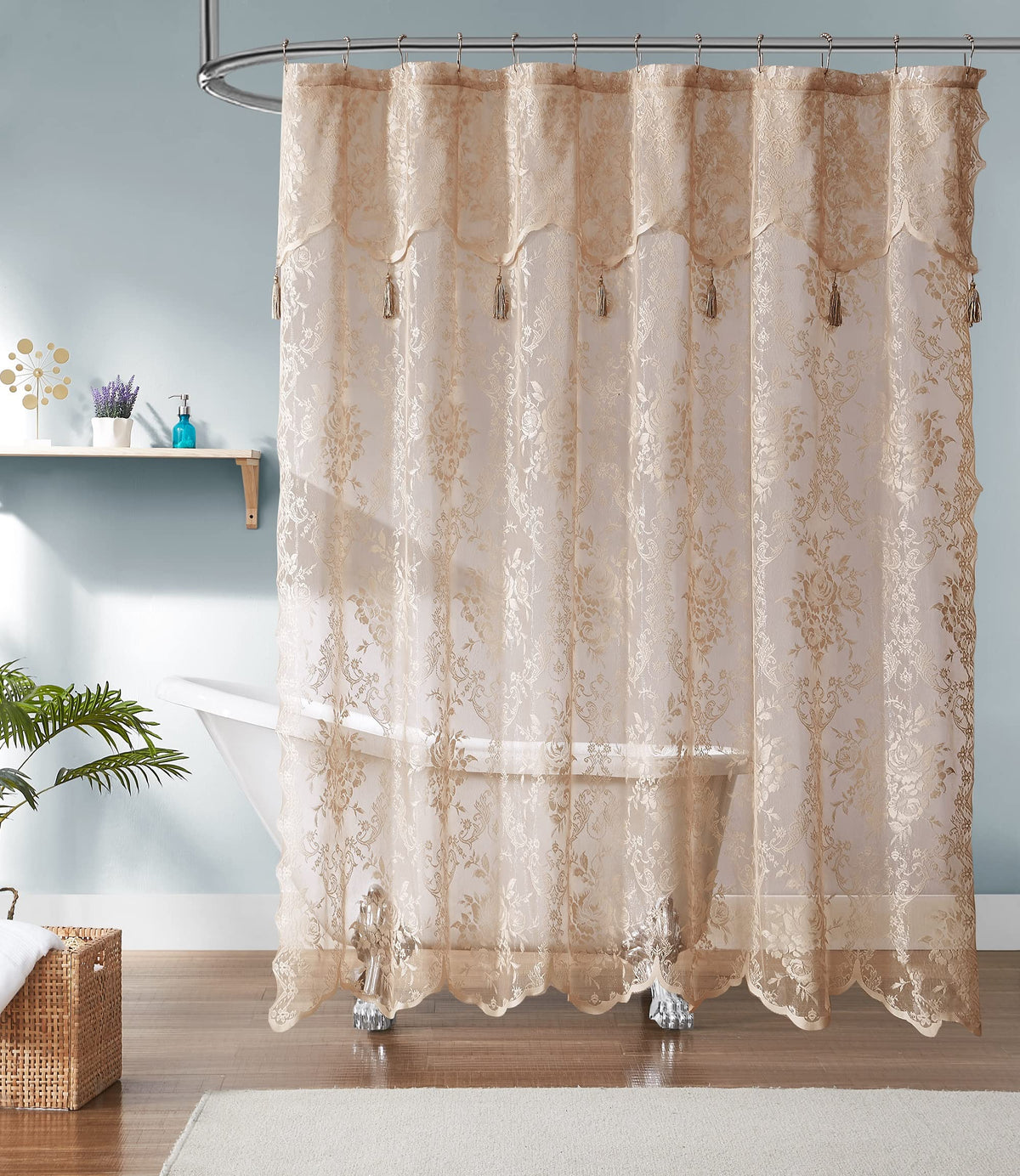 Warm Home Designs Golden Linen Lace Curtain with valance enhances bathroom style.