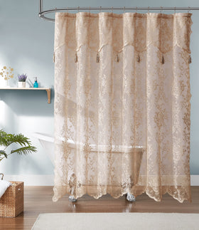 Warm Home Designs Golden Linen Lace Curtain with valance enhances bathroom style.
