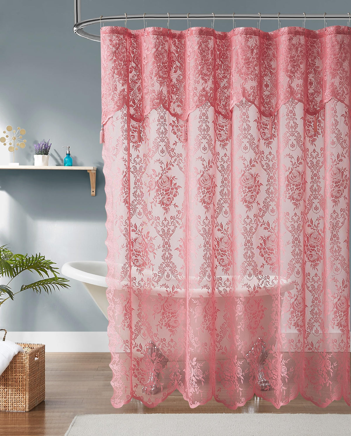 Warm Home Designs rose pink lace curtain with attached valance adds classic bathroom elegance.