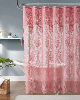 Warm Home Designs rose pink lace curtain with attached valance adds classic bathroom elegance.