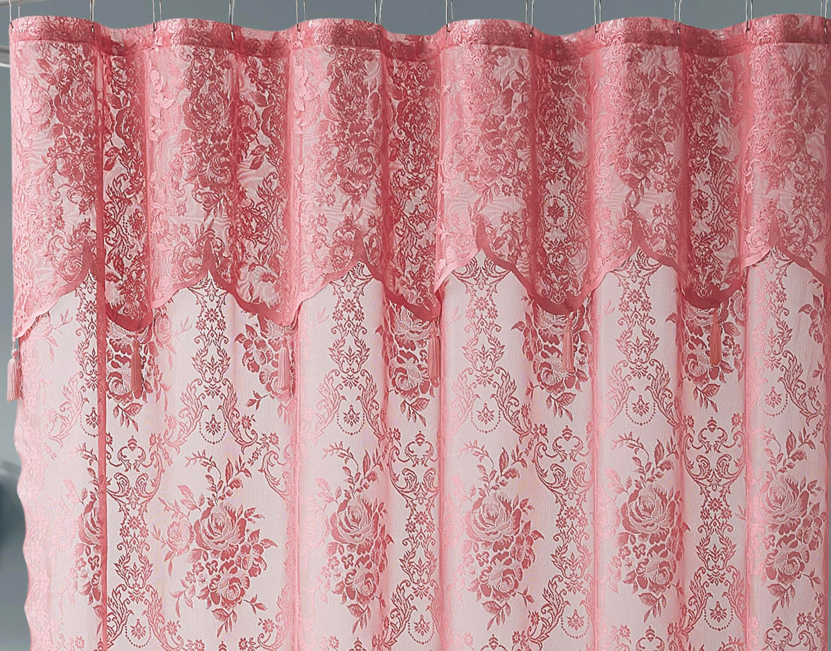 Warm Home Designs Rose Pink Lace Curtain suits boho or retro bathroom themes.
