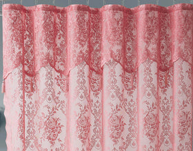Warm Home Designs Rose Pink Lace Curtain suits boho or retro bathroom themes.