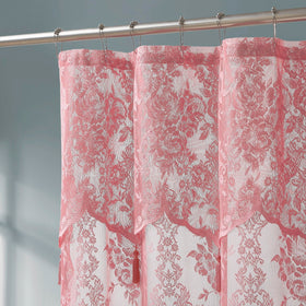 Warm Home Designs rose pink lace curtain with seven tassels enhances vintage and farmhouse decor.