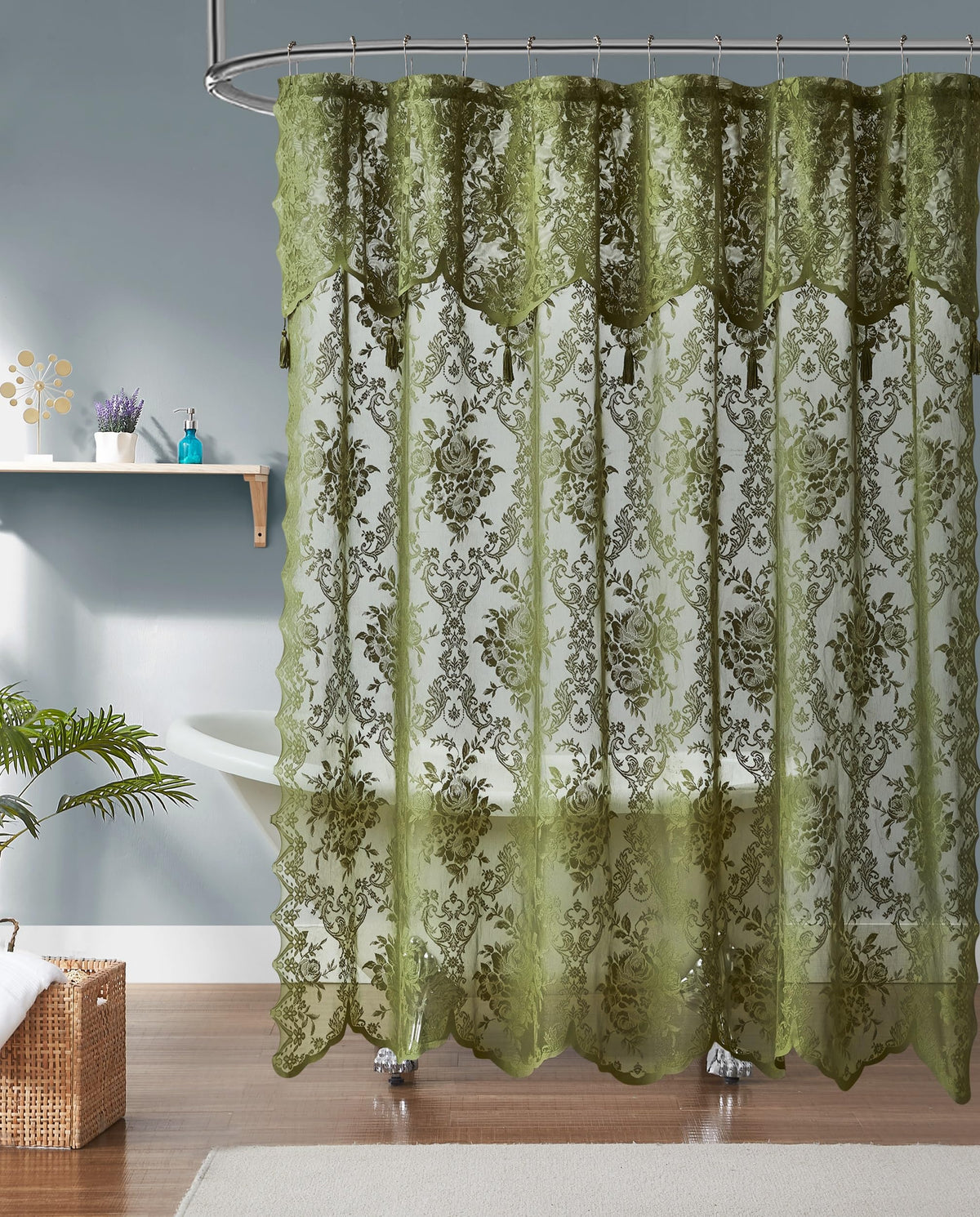 Warm Home Designs Sage Green Lace Shower Curtain with attached valance and tassels