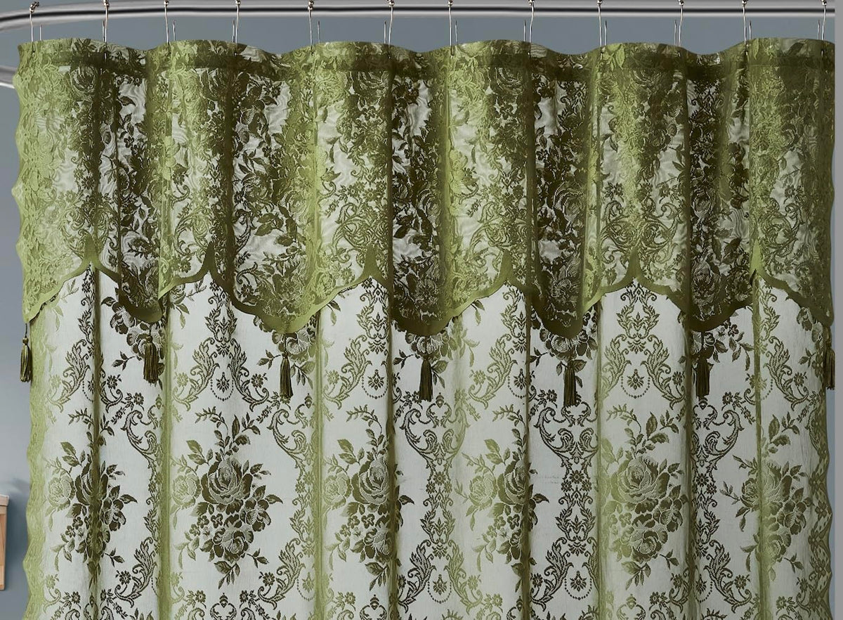 Warm Home Designs Sage Green Lace Shower Curtain in a bathroom setting enhances farmhouse decor