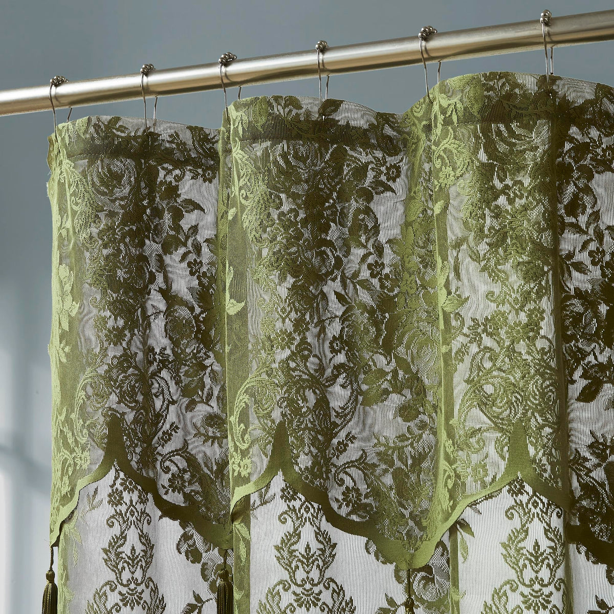 Warm Home Designs Sage Green Lace Shower Curtain close up showing rose lace detail