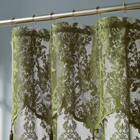 Warm Home Designs Sage Green Lace Shower Curtain close up showing rose lace detail