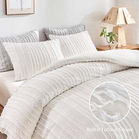 WARMDERN White Boho Duvet Cover King tufted detail highlights subtle layered chic.