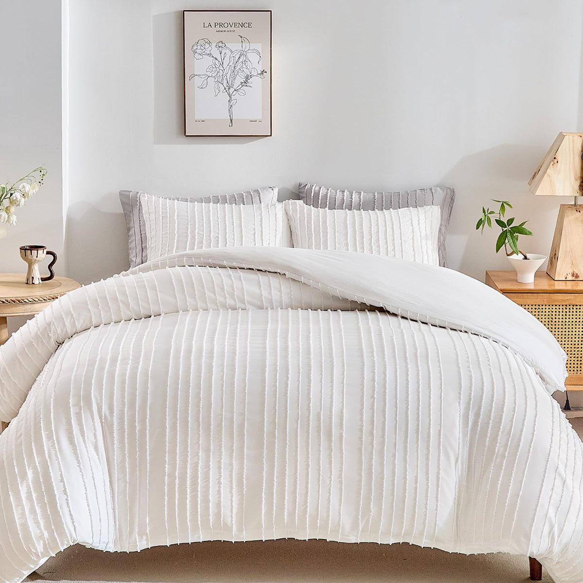 WARMDERN white boho duvet cover queen flatlay for versatile, easy bedroom styling.