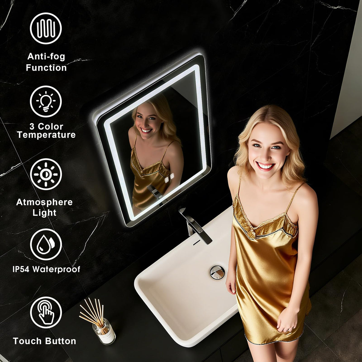 WARM&LOVE LED bathroom mirror with back light for even illumination during makeup.