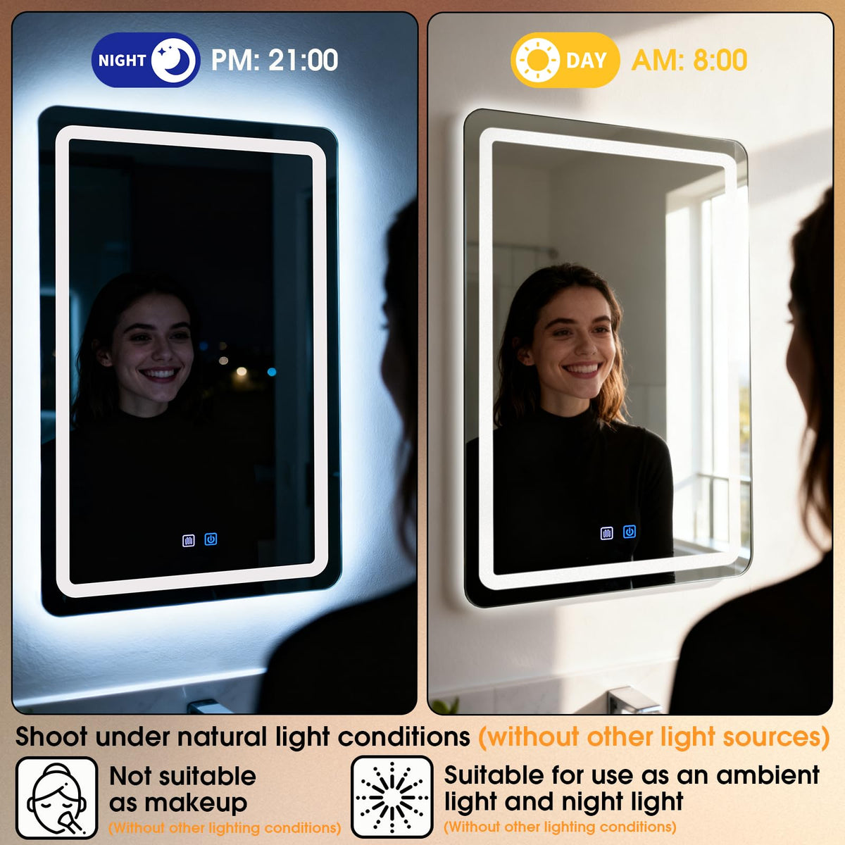 WARM&LOVE CRI>90 glass LED mirror provides clear reflections for daily routines.