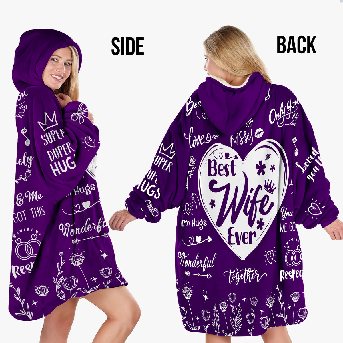 Warmstorey Best Wife Ever hoodie-blanket back view highlighting oversized comfort for lounging.