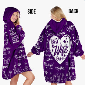 Warmstorey Best Wife Ever hoodie-blanket back view highlighting oversized comfort for lounging.