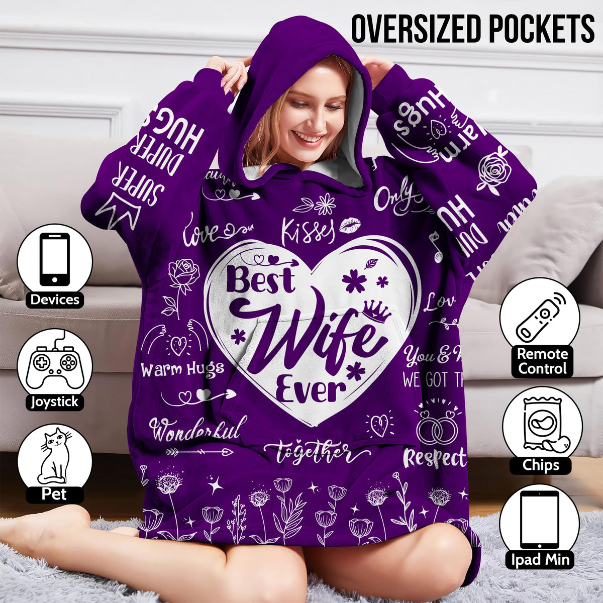 Warmstorey Best Wife Ever hoodie-blanket on bed for morning warmth and comfort.