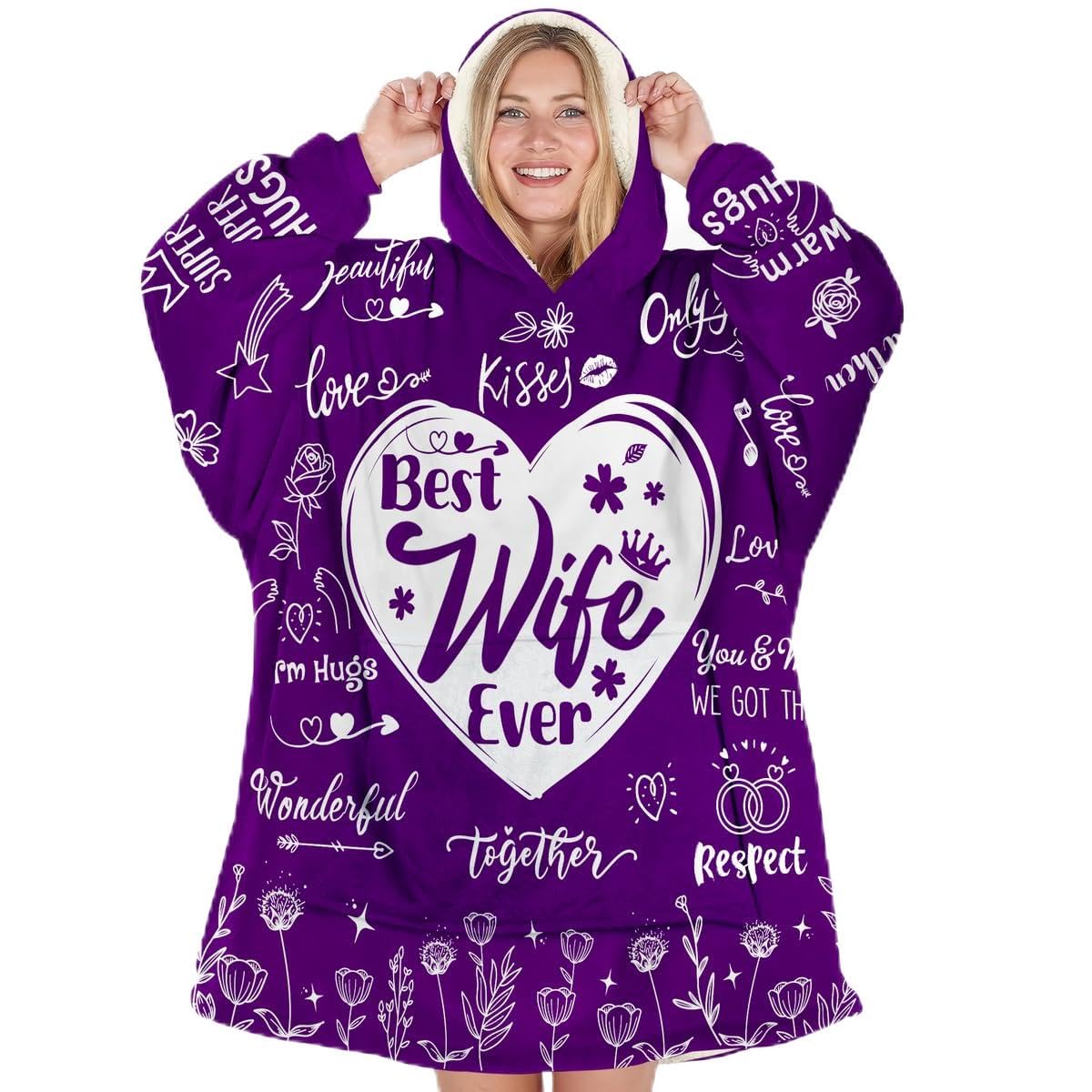 Warmstorey Best Wife Ever hoodie-blanket front view for cozy evenings.
