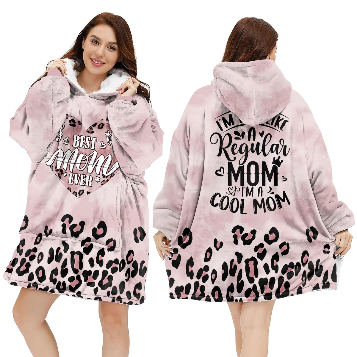 Warmstorey Leopard Best Mom Ever Hoodie folded on bed showing soft fleece.