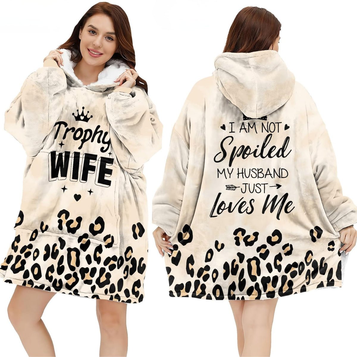 Warmstorey leopard trophy wife hoodie blanket worn for cozy lounging.