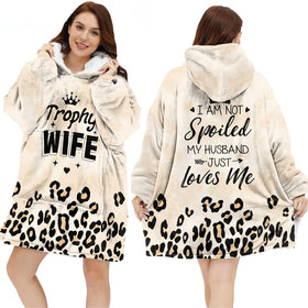 Warmstorey leopard trophy wife hoodie blanket worn for cozy lounging.