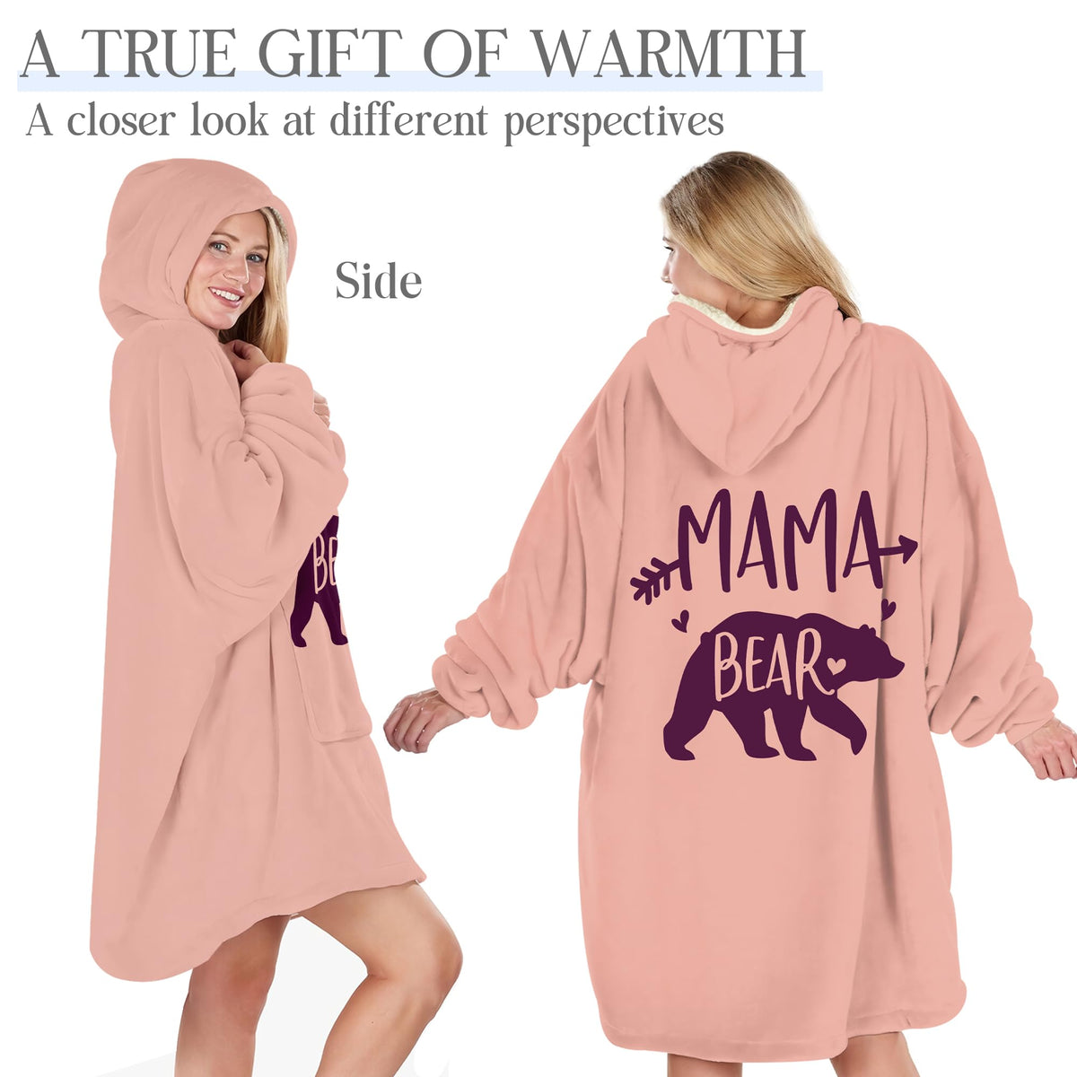 Soft fleece texture of the Warmstorey Mama Bear Hoodie Blanket in pink