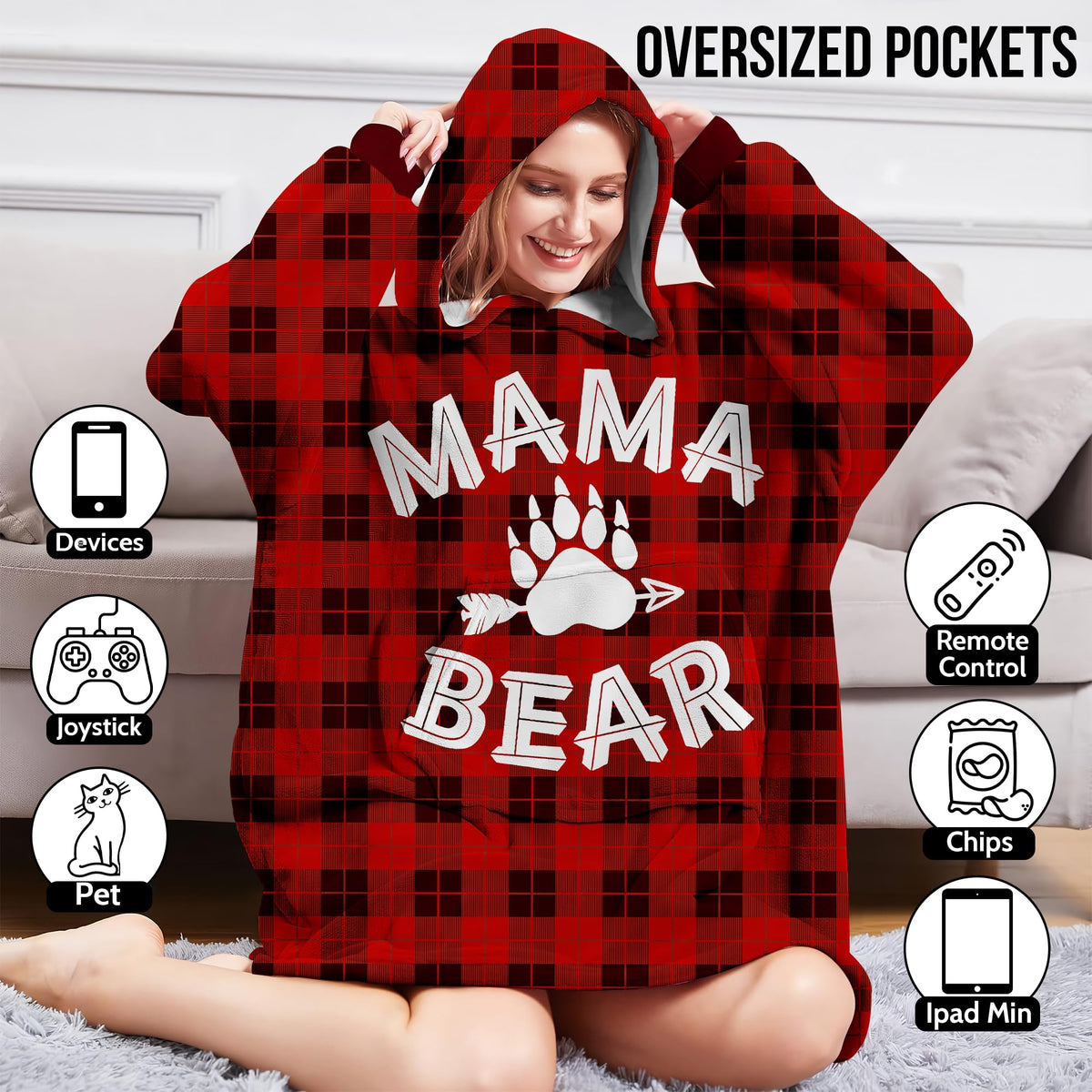 Warmstorey Mama Bear Hoodie Blanket on couch during movie night.