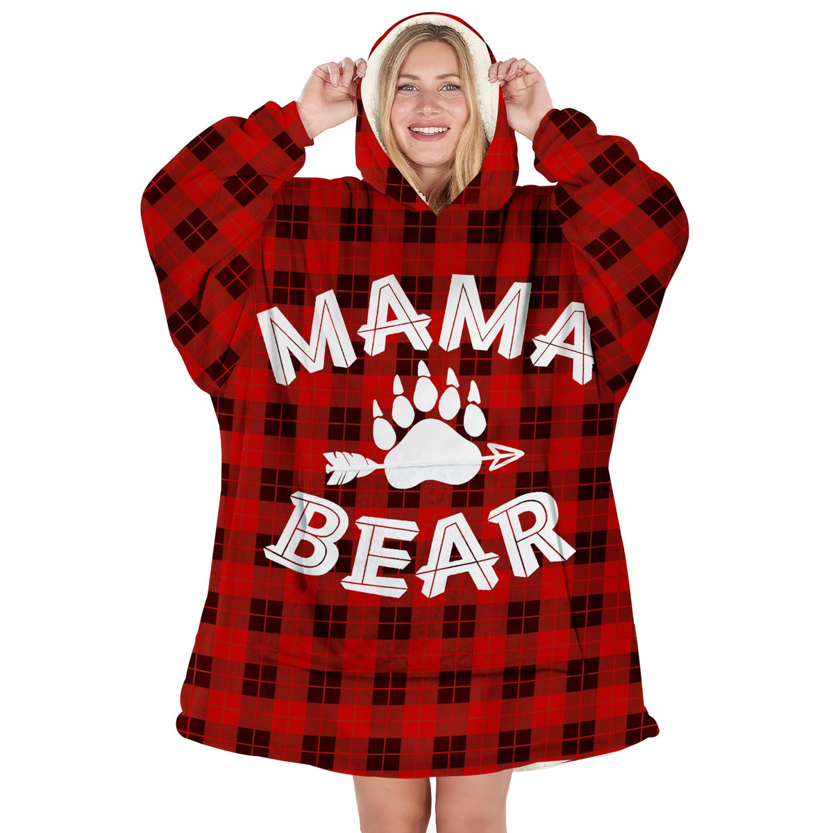 Warmstorey Mama Bear Hoodie Blanket worn for cozy lounging at home.