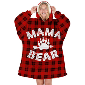 Warmstorey Mama Bear Hoodie Blanket worn for cozy lounging at home.
