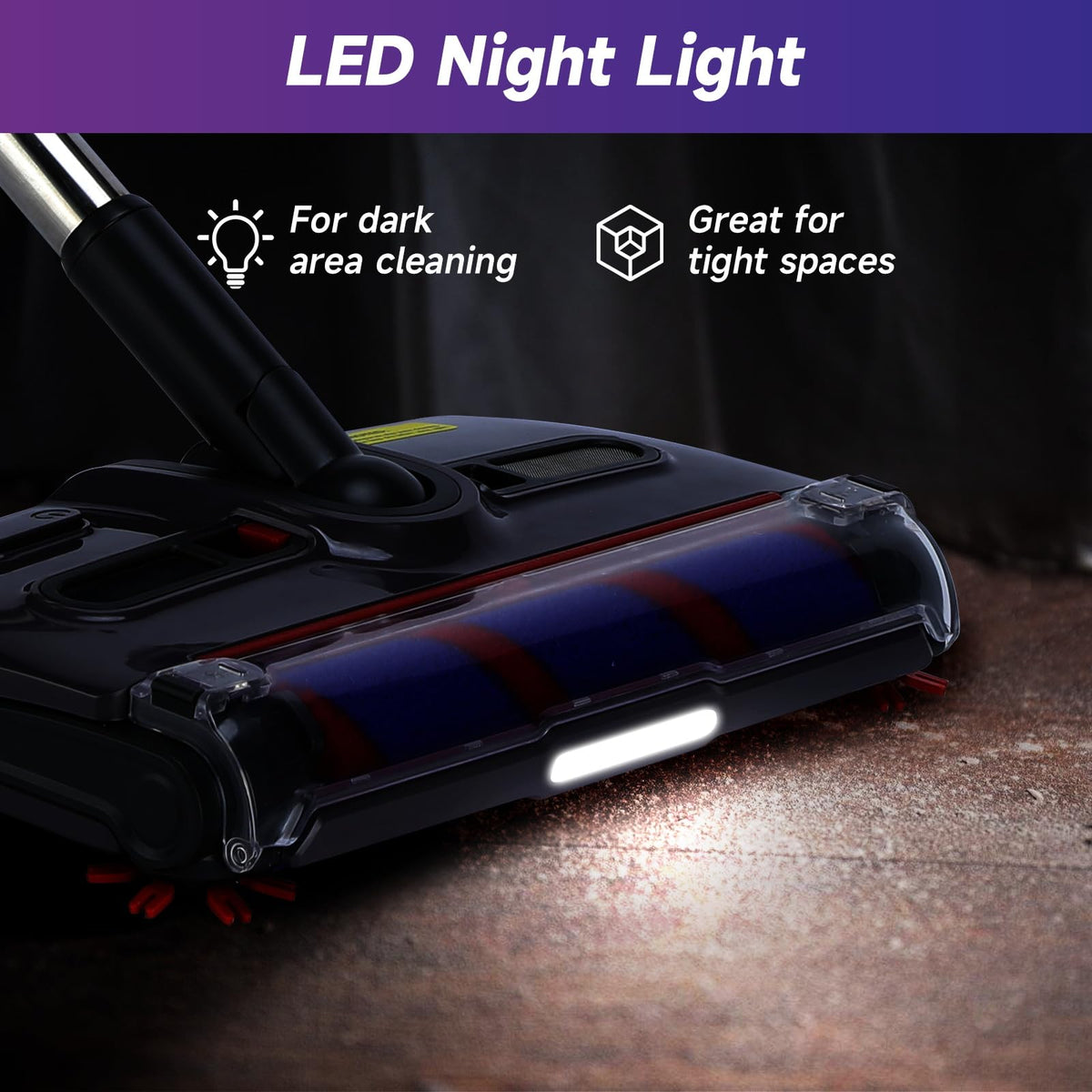 WarmWink Swivel Cordless Sweeper with LEDs illuminates corners for easier cleanup.
