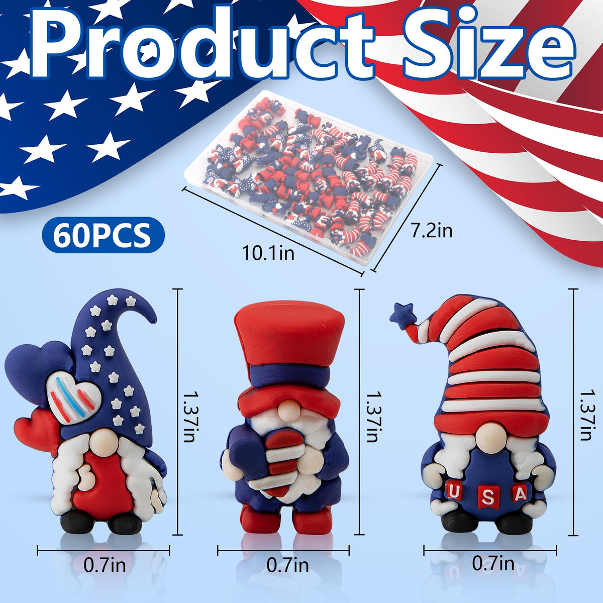 Watayo patriotic gnomes with red white and blue patterns brighten table decor.