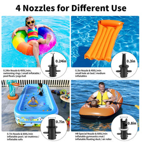 Wauffua pump with four nozzles attached for versatile inflatables