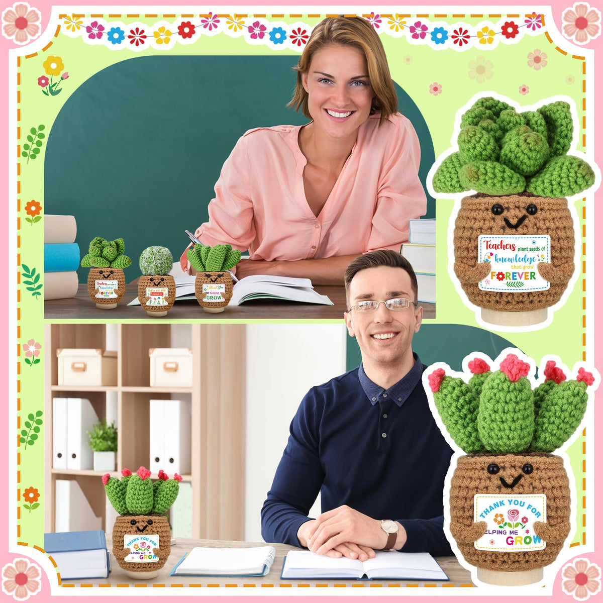 Wavwavw crochet succulent with tag on a base for easy display on a desk.