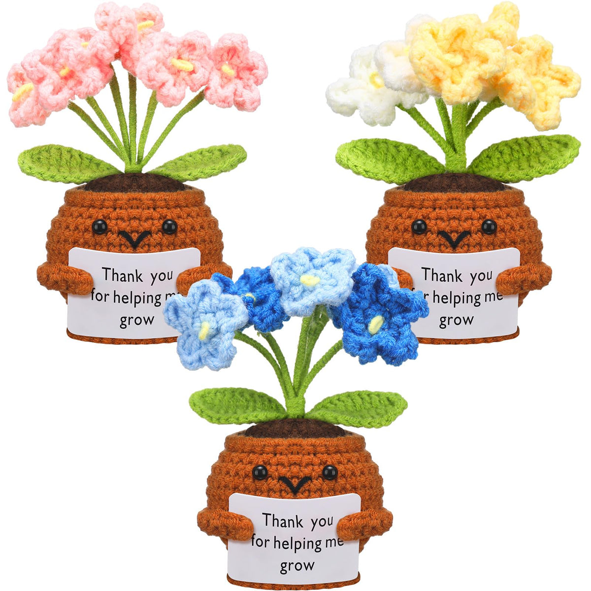 Wavwavw Forget-me-not crochet plant three-pack brightens desks with cheerful colors.