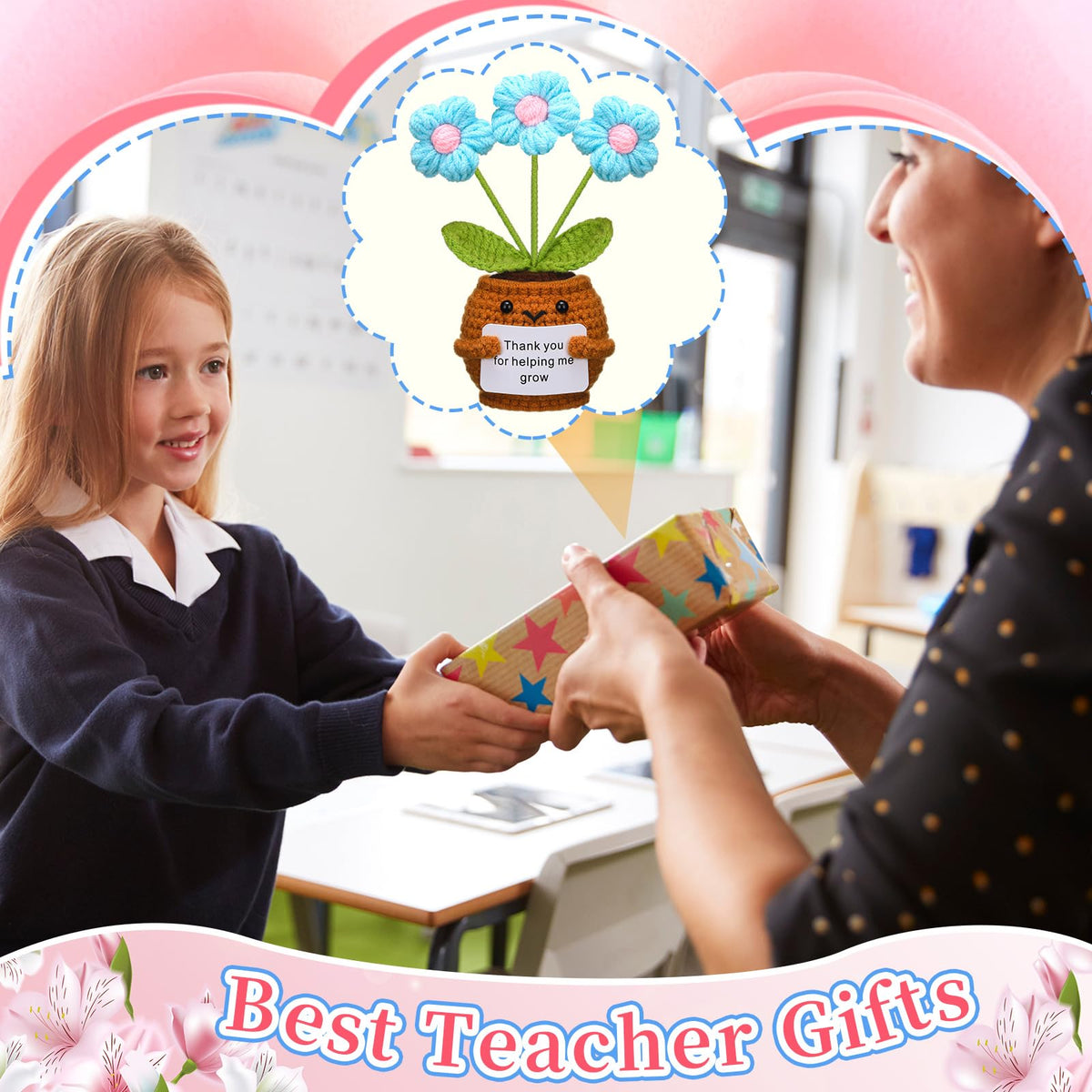 Wavwavw gift card visible with puff flower arrangement for gifting