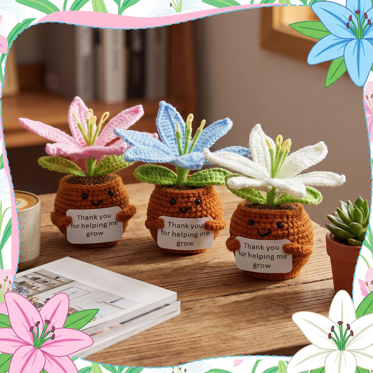 Wavwavw Lily Flower crochet doll trio features the Thank You for Helping Me Grow card.