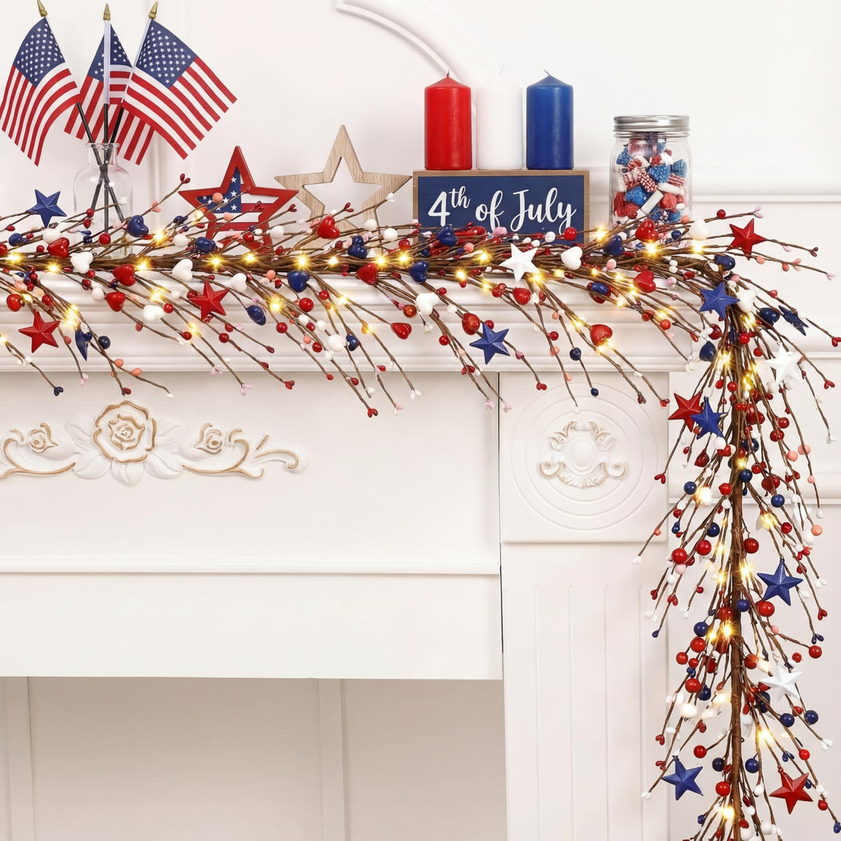 Wavwavw patriotic garland 59-inch stars and berries for mantel decor.