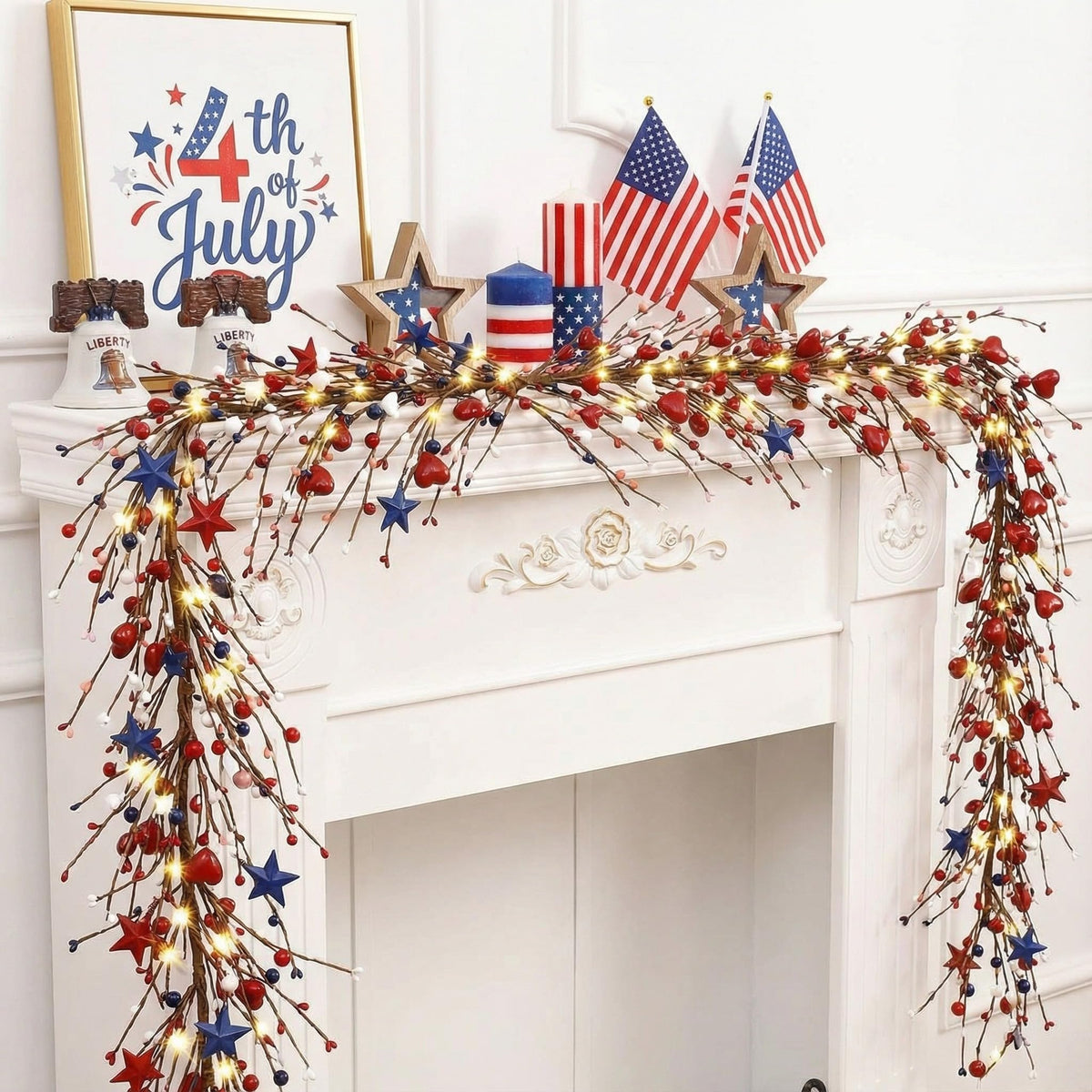 Wavwavw red white blue garland ideal as table centerpiece.