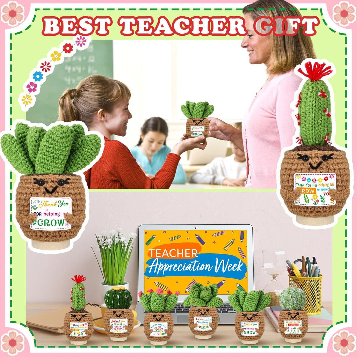 Wavwavw teacher gift crochet succulents arranged for a desk or shelf display.