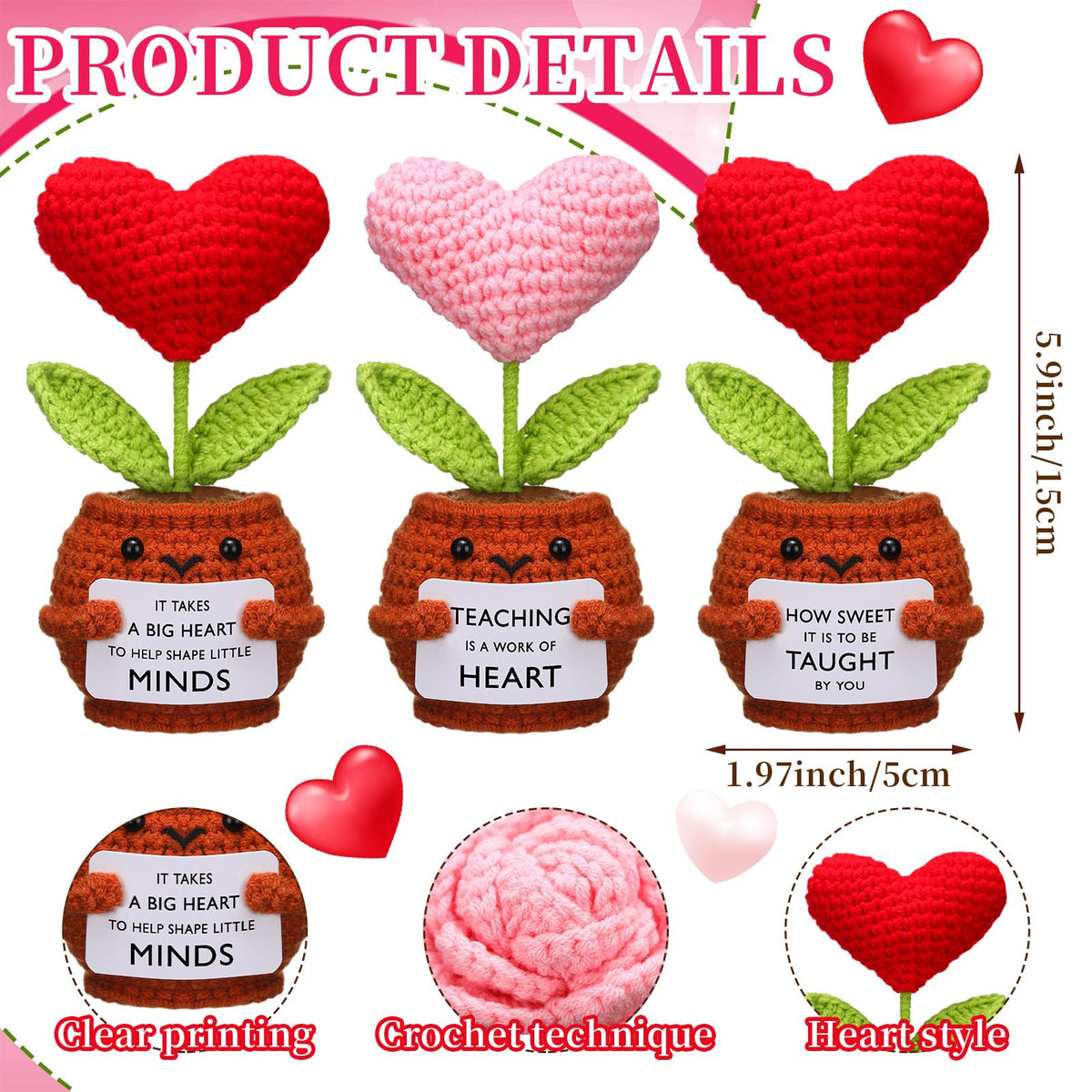 Wavwavw teacher heart crochet doll in pot, perfect desk decor for teachers.