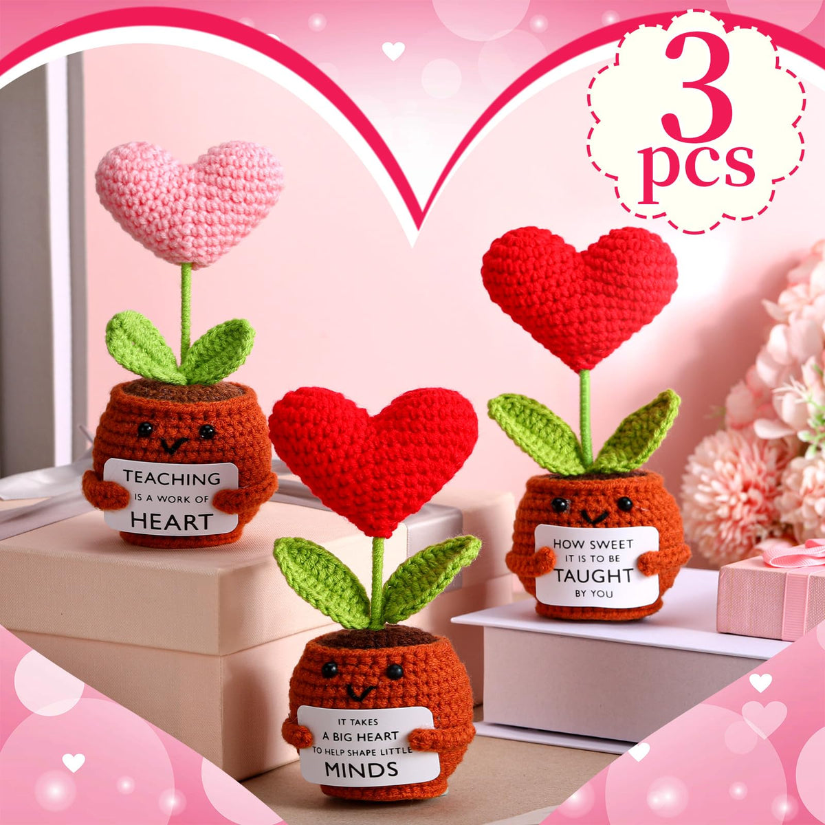 Wavwavw heart crochet doll in pot, bright and thoughtful teaching gift.