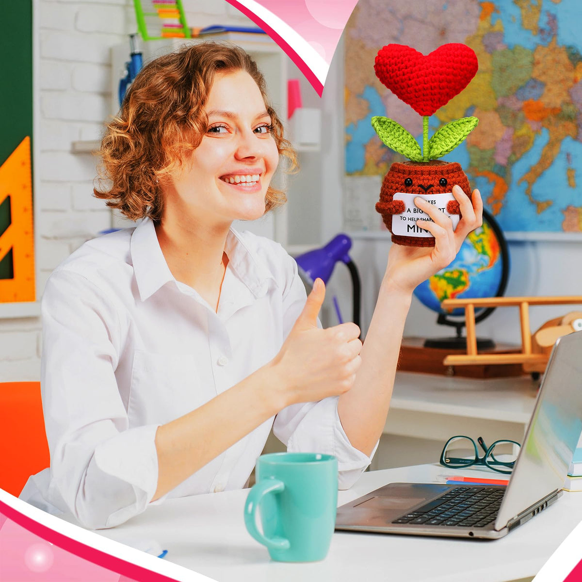 Wavwavw teacher heart crochet doll in pot, handmade and durable decor.