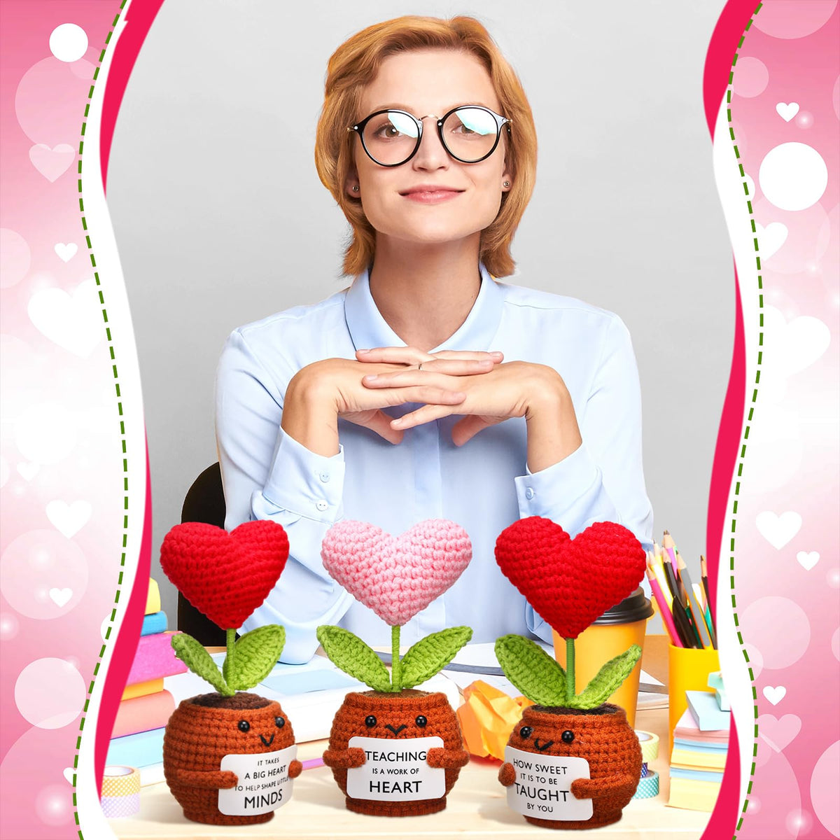 Wavwavw crochet heart doll in pot, vibrant colors ideal for dorms and offices.