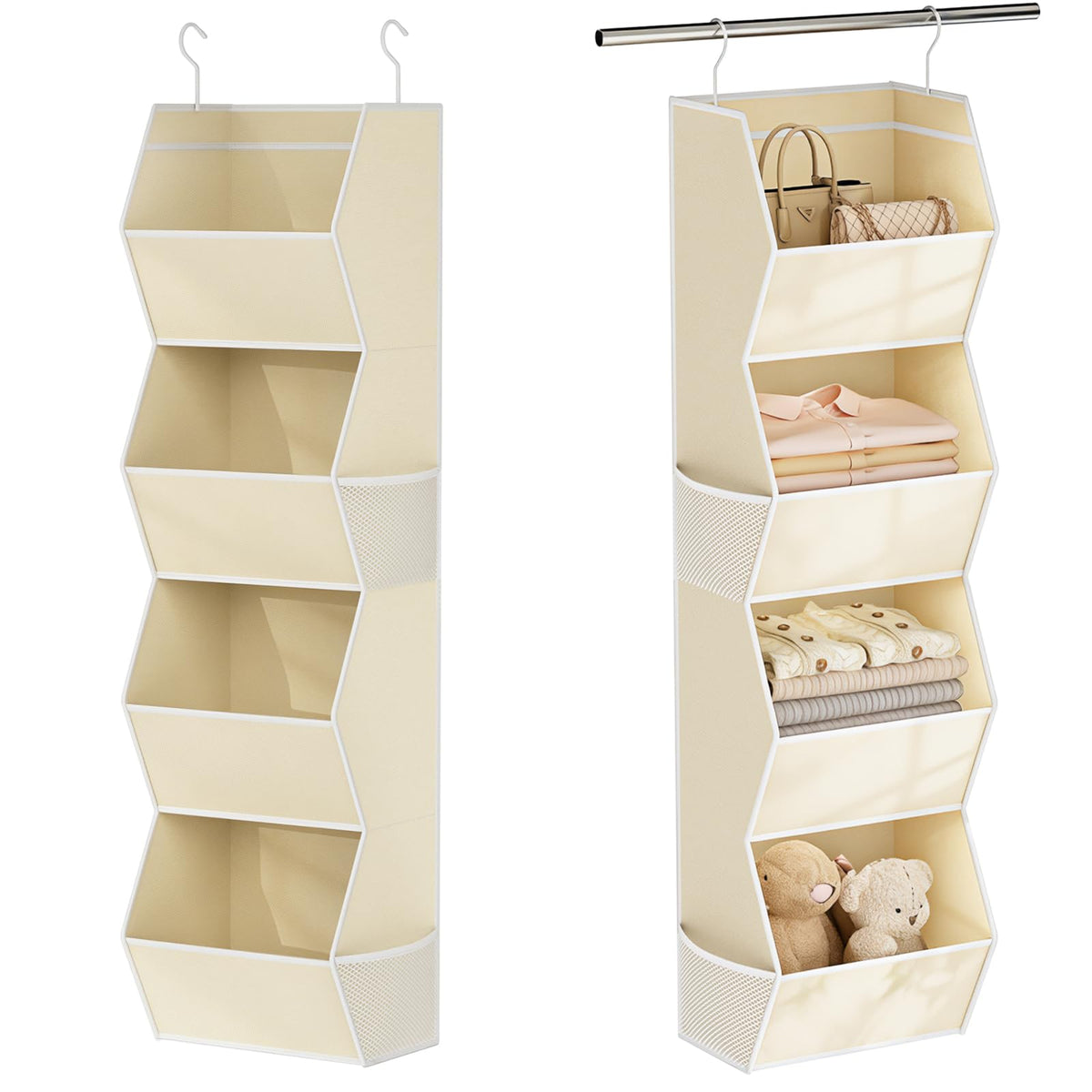 Wawocs hanging closet organizer front view showing four shelves for sweater and shirt storage