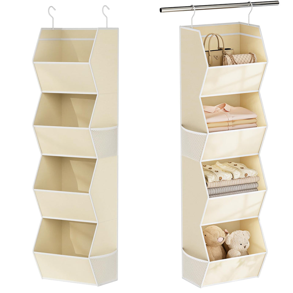 Wawocs hanging closet organizer front view showing four shelves for sweater and shirt storage