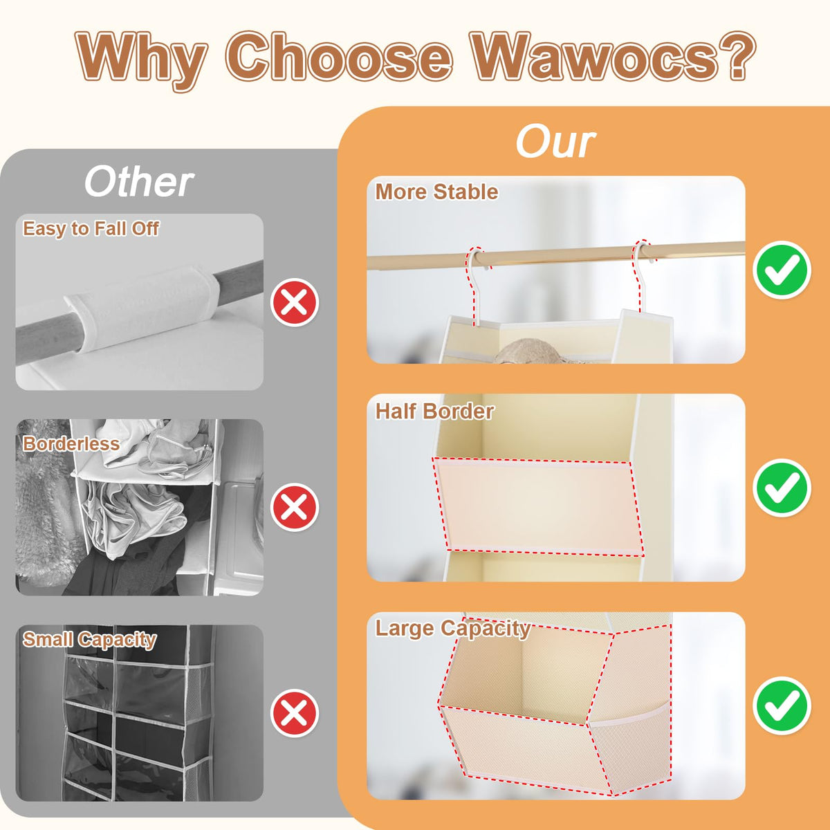 Wawocs hanging closet organizer side view with slim profile for tight spaces