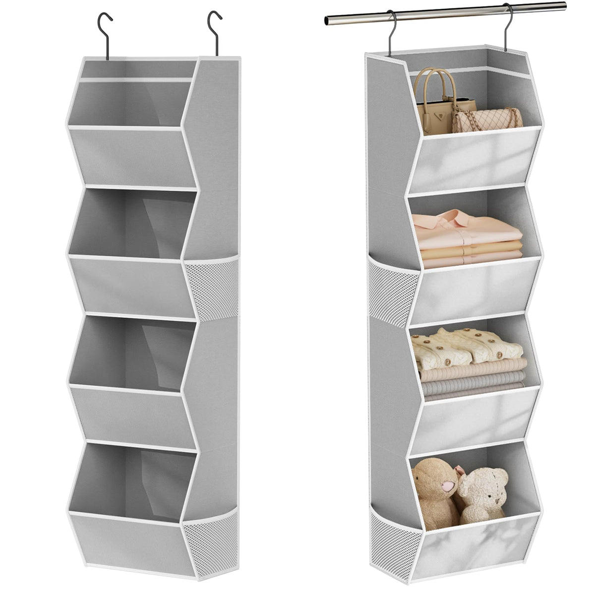 Wawocs hanging closet organizer four-shelf setup keeps clothes neat and visible.