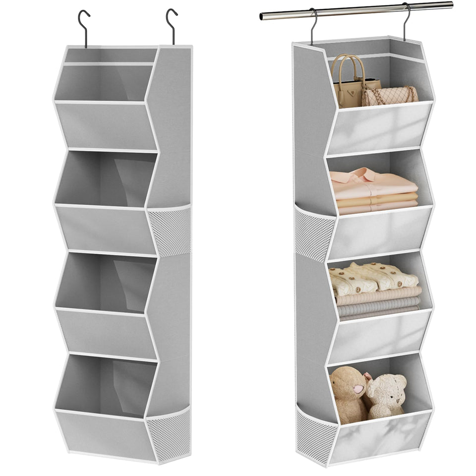 Wawocs hanging closet organizer four-shelf setup keeps clothes neat and visible.