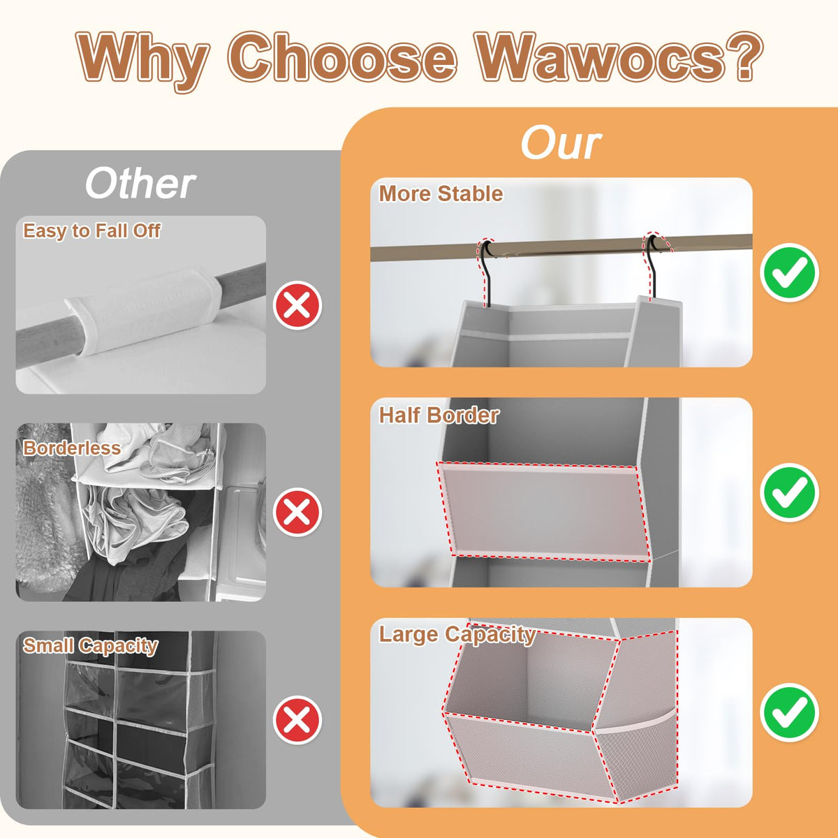 Wawocs hanging closet organizer side mesh pockets store small items for quick access.