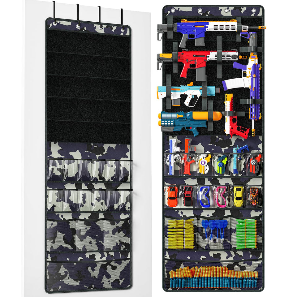 Wawocs over-door organizer with 12 pockets holds foam blasters for quick access.