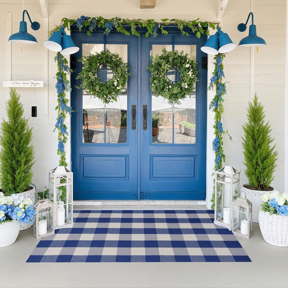 Wayye buffalo plaid outdoor rug 3x5 in blue and white, durable underfoot for busy entryways.