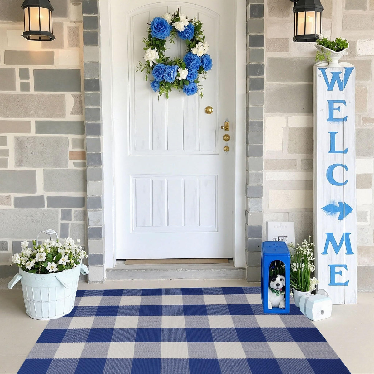 WAYYE buffalo plaid outdoor rug in blue and white, durable 27.5x43 for porch styling